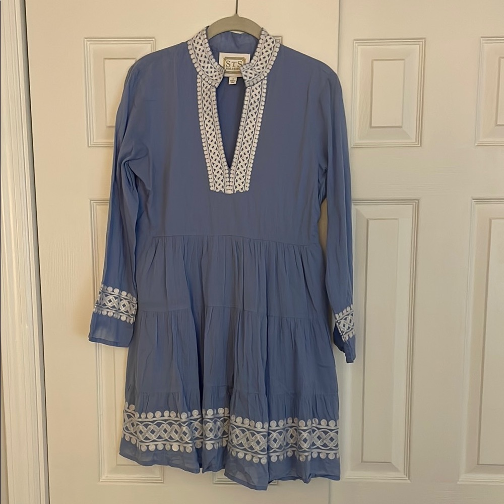 Sail to Sable Blue and White Plunge Neck Bishop Sleeve Sundress